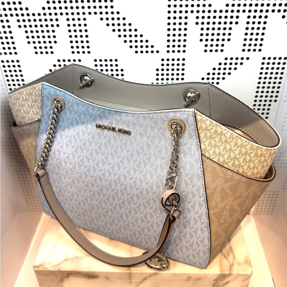 Michael Kors Jet Set LG Color-Block Signature Logo Shoulder Bag Light Sky Multi - Picture 7 of 11